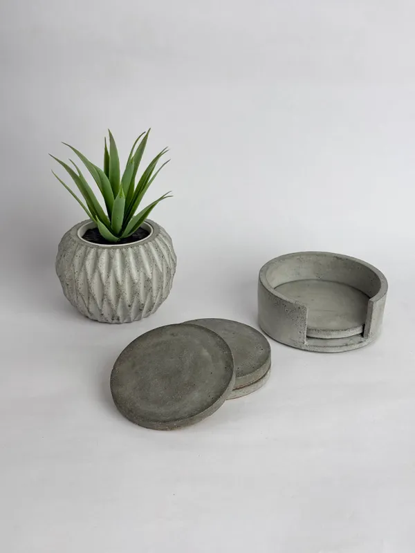 Oro_Concrete_Coasters_with_stand_|_Set_Of_4__|_Grey_|_10W_X_4.2H_Cm