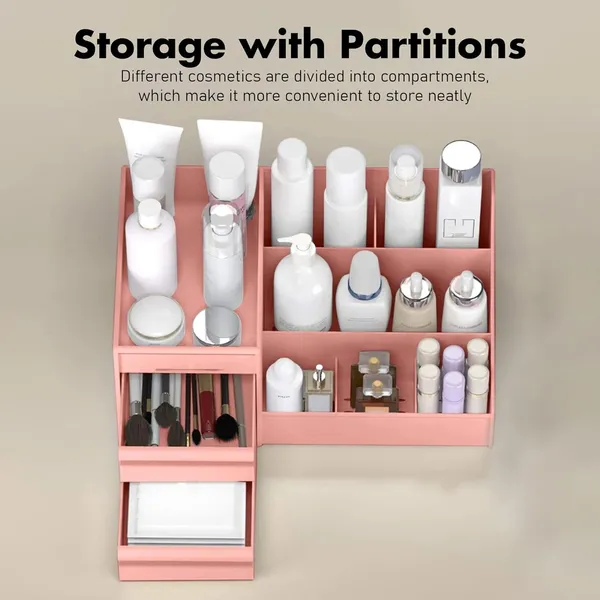 Multi-Compartment_Cosmetic_Organizer_,_Makeup_Storage_Box_With_Drawers,_Ideal_For_Vanity,_Bathroom_&_Dresser_|_(Pink)_Pack_Of_1_Pcs