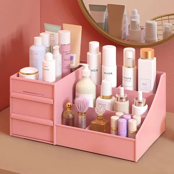 Multi-Compartment_Cosmetic_Organizer_,_Makeup_Storage_Box_With_Drawers,_Ideal_For_Vanity,_Bathroom_&_Dresser_|_(Pink)_Pack_Of_1_Pcs