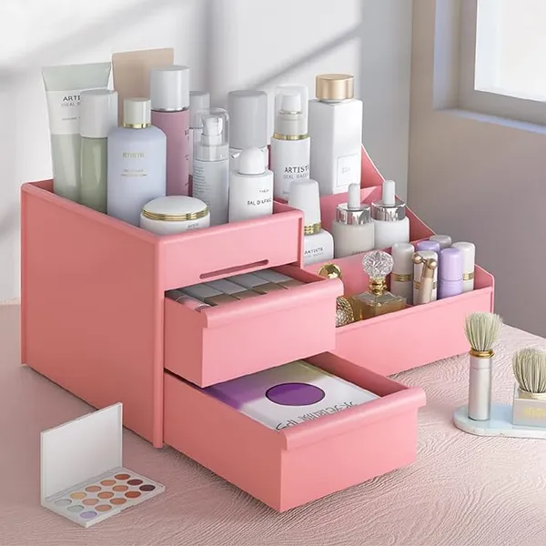 Multi-Compartment_Cosmetic_Organizer_,_Makeup_Storage_Box_With_Drawers,_Ideal_For_Vanity,_Bathroom_&_Dresser_|_(Pink)_Pack_Of_1_Pcs