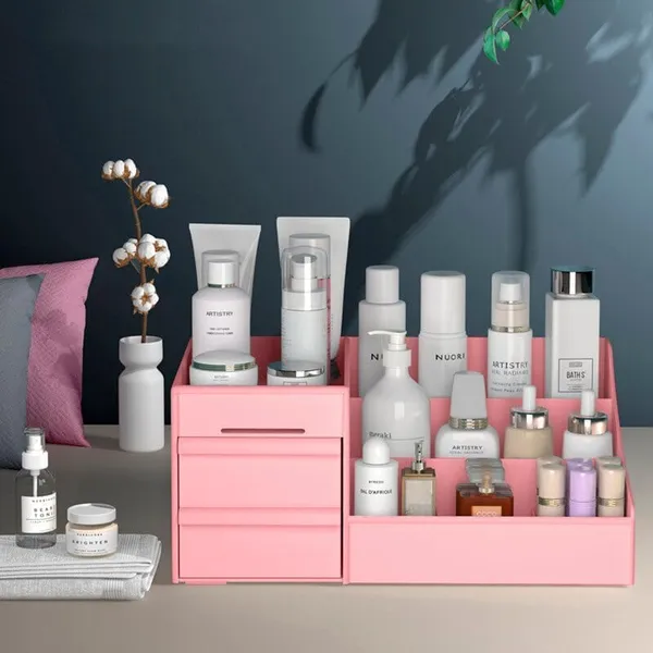 Multi-Compartment_Cosmetic_Organizer_,_Makeup_Storage_Box_With_Drawers,_Ideal_For_Vanity,_Bathroom_&_Dresser_|_(Pink)_Pack_Of_1_Pcs