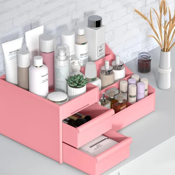 Multi-Compartment_Cosmetic_Organizer_,_Makeup_Storage_Box_With_Drawers,_Ideal_For_Vanity,_Bathroom_&_Dresser_|_(Pink)_Pack_Of_1_Pcs