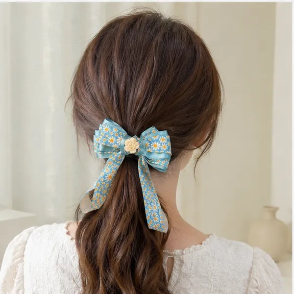 Blue_Ribbon_Fabric_Floral_Accent_Alligator_Clip_Hair_Accessories_For_Women