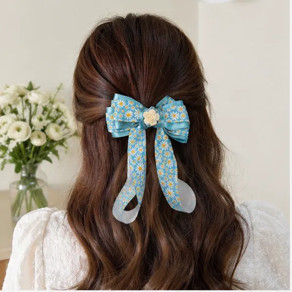 Blue_Ribbon_Fabric_Floral_Accent_Alligator_Clip_Hair_Accessories_For_Women