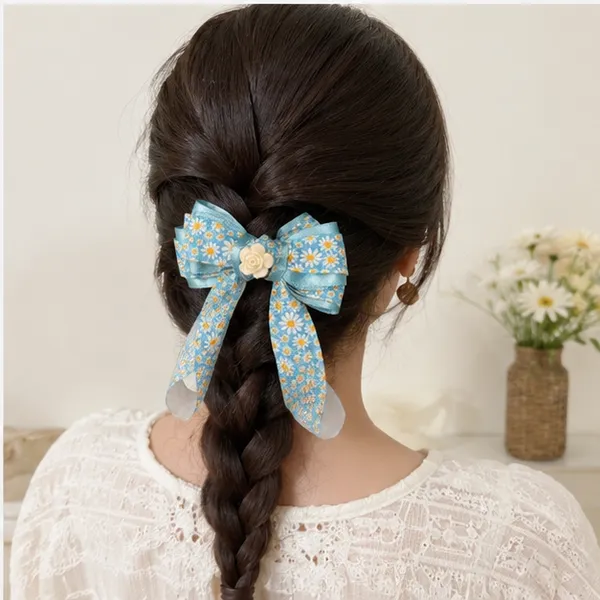Blue_Ribbon_Fabric_Floral_Accent_Alligator_Clip_Hair_Accessories_For_Women