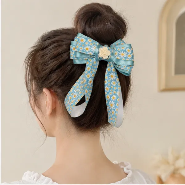 Blue_Ribbon_Fabric_Floral_Accent_Alligator_Clip_Hair_Accessories_For_Women