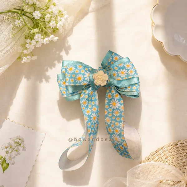 Blue_Ribbon_Fabric_Floral_Accent_Alligator_Clip_Hair_Accessories_For_Women