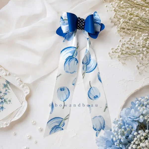 Blue_Floral_Satin_Hair_Bow_Clip_for_Girls_&_Women