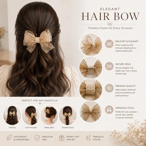 Bow_&_Beau_Elegant_Beige_Organza_Hair_Bow_Clip_for_Women_&_Girls