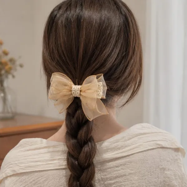 Bow_&_Beau_Elegant_Beige_Organza_Hair_Bow_Clip_for_Women_&_Girls