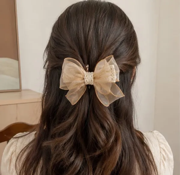 Bow_&_Beau_Elegant_Beige_Organza_Hair_Bow_Clip_for_Women_&_Girls