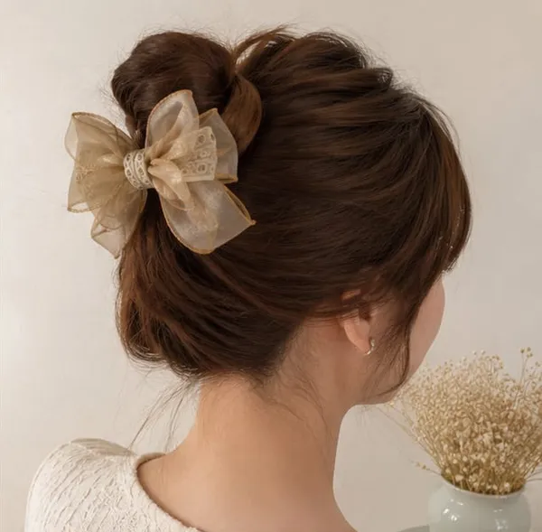 Bow_&_Beau_Elegant_Beige_Organza_Hair_Bow_Clip_for_Women_&_Girls
