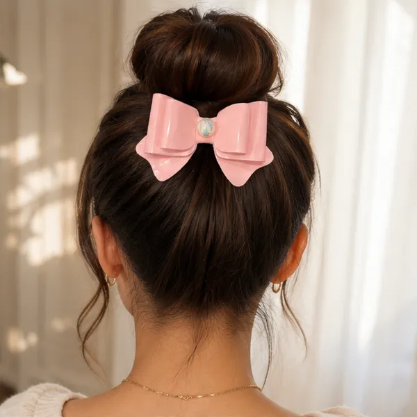 Bow_&_Beau_Glossy_Pink_Bow_Hair_Clip_with_Iridescent_Center_Stone