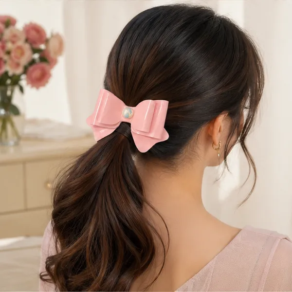Bow_&_Beau_Glossy_Pink_Bow_Hair_Clip_with_Iridescent_Center_Stone