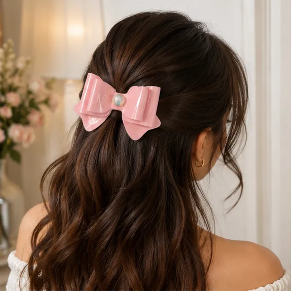 Bow_&_Beau_Glossy_Pink_Bow_Hair_Clip_with_Iridescent_Center_Stone