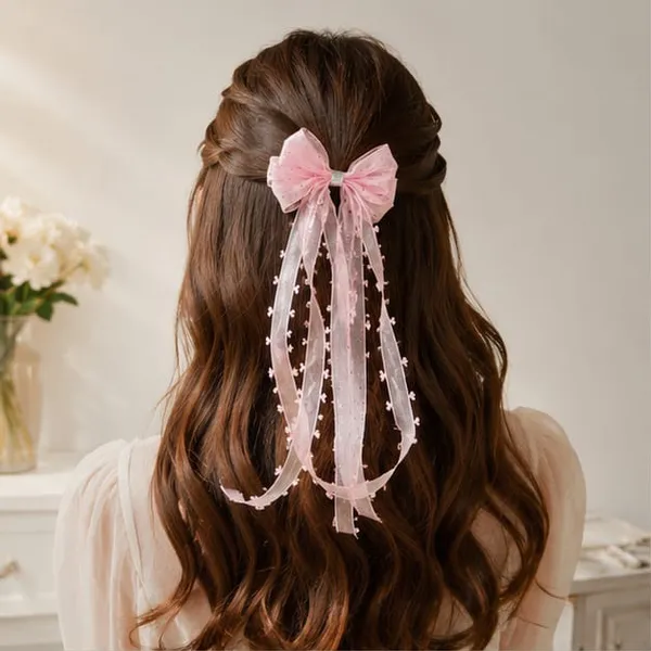 Bow_&_Beau_Premium_Pink_Organza_Bow_Hair_Clip_with_Long_Floral_Ribbon_Tails
