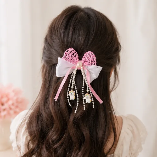 Cute_Pearl_Unicorn_Hair_Bow_Clip_for_Girls_–_Pink_&_White_Ribbon_Bow_with_Pearl_Tassels,_Unicorn_Charms_&_Secure_Alligator_Clip