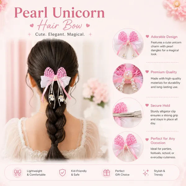 Cute_Pearl_Unicorn_Hair_Bow_Clip_for_Girls_–_Pink_&_White_Ribbon_Bow_with_Pearl_Tassels,_Unicorn_Charms_&_Secure_Alligator_Clip