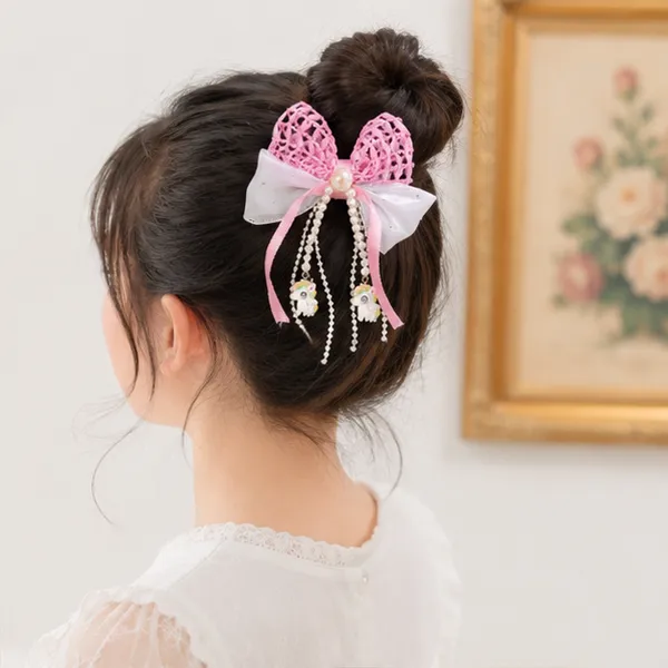 Cute_Pearl_Unicorn_Hair_Bow_Clip_for_Girls_–_Pink_&_White_Ribbon_Bow_with_Pearl_Tassels,_Unicorn_Charms_&_Secure_Alligator_Clip