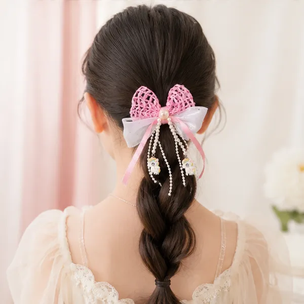 Cute_Pearl_Unicorn_Hair_Bow_Clip_for_Girls_–_Pink_&_White_Ribbon_Bow_with_Pearl_Tassels,_Unicorn_Charms_&_Secure_Alligator_Clip
