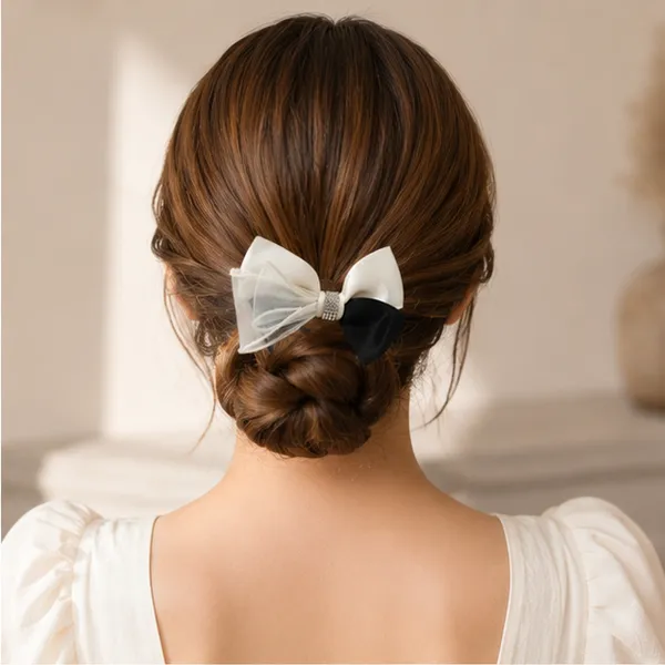Black_&_White_Satin_Fabric_Organza_Fabric_Rhinestones_Hair_Bow_Clip_For_Women