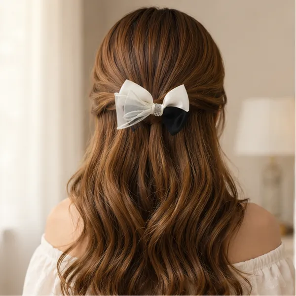 Black_&_White_Satin_Fabric_Organza_Fabric_Rhinestones_Hair_Bow_Clip_For_Women