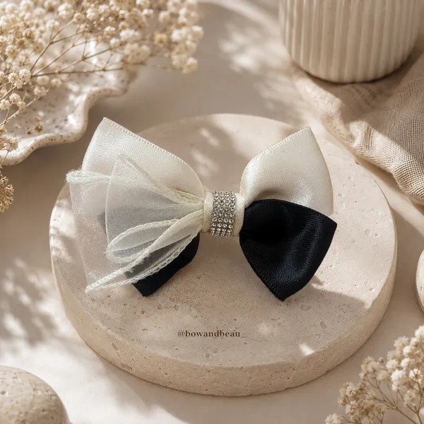 Black_&_White_Satin_Fabric_Organza_Fabric_Rhinestones_Hair_Bow_Clip_For_Women