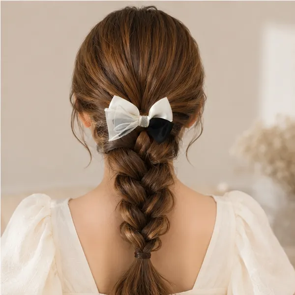 Black_&_White_Satin_Fabric_Organza_Fabric_Rhinestones_Hair_Bow_Clip_For_Women