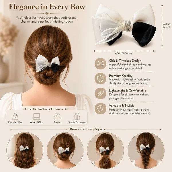 Black_&_White_Satin_Fabric_Organza_Fabric_Rhinestones_Hair_Bow_Clip_For_Women