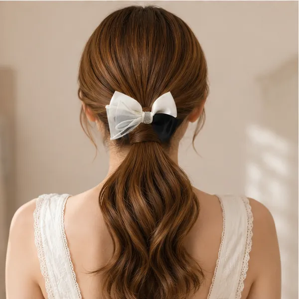 Black_&_White_Satin_Fabric_Organza_Fabric_Rhinestones_Hair_Bow_Clip_For_Women