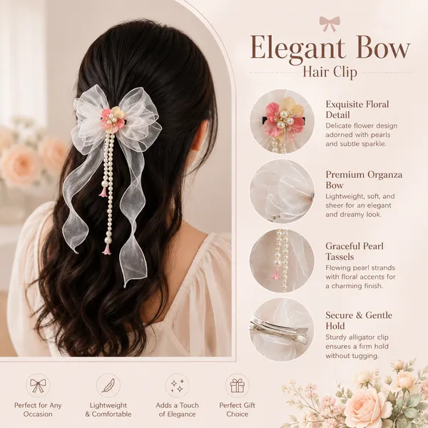 White_Organza_Fabric_Faux_Pearls_Floral_Embellishment_Hair_Bow_Clip_For_Women