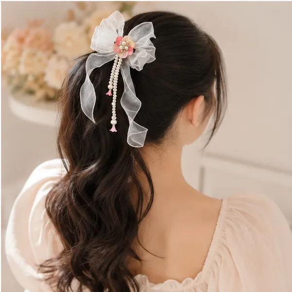 White_Organza_Fabric_Faux_Pearls_Floral_Embellishment_Hair_Bow_Clip_For_Women