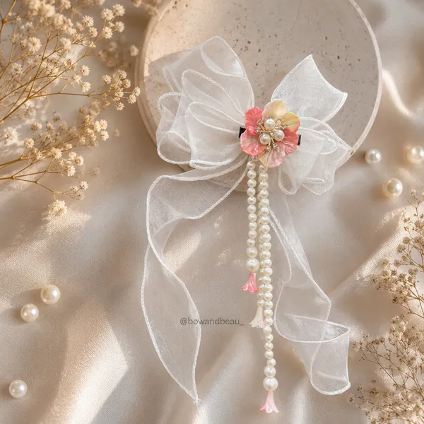 White_Organza_Fabric_Faux_Pearls_Floral_Embellishment_Hair_Bow_Clip_For_Women
