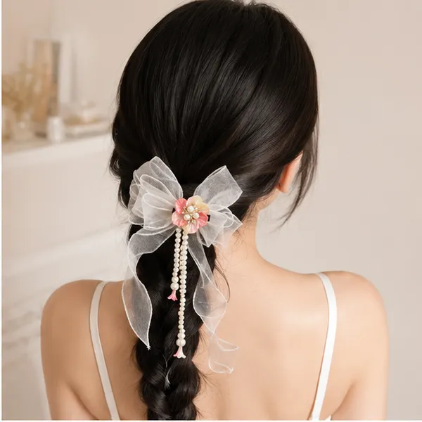 White_Organza_Fabric_Faux_Pearls_Floral_Embellishment_Hair_Bow_Clip_For_Women
