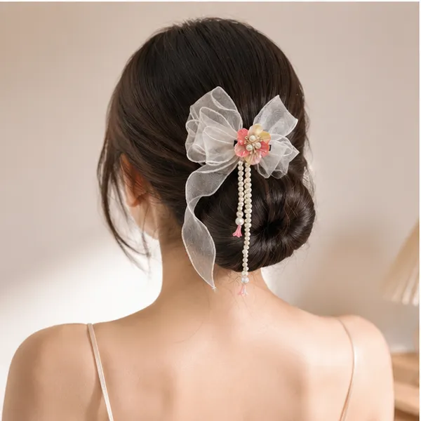 White_Organza_Fabric_Faux_Pearls_Floral_Embellishment_Hair_Bow_Clip_For_Women