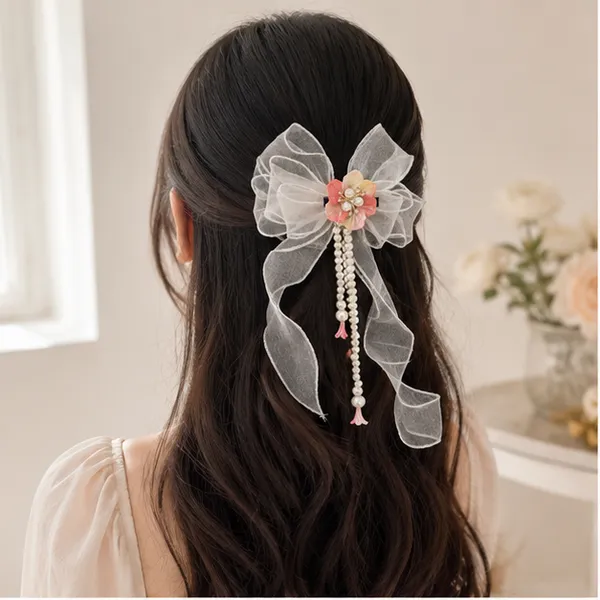 White_Organza_Fabric_Faux_Pearls_Floral_Embellishment_Hair_Bow_Clip_For_Women
