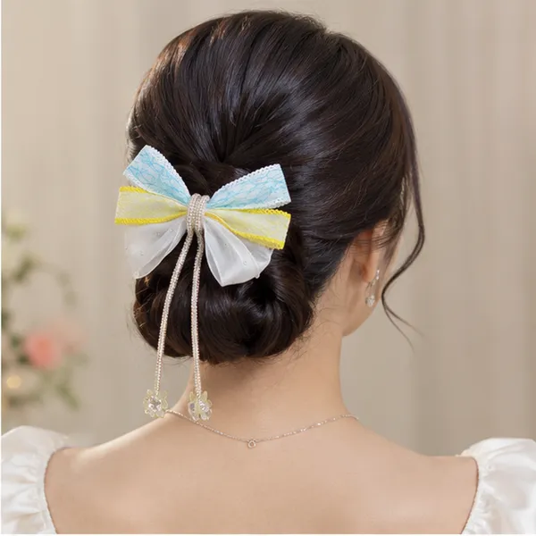 Multicolor_Lace_Fabric_Ribbon_Rhinestones_Tassel_Pendants_Hair_Bow_Clip_For_Women