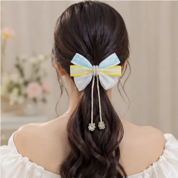 Multicolor_Lace_Fabric_Ribbon_Rhinestones_Tassel_Pendants_Hair_Bow_Clip_For_Women