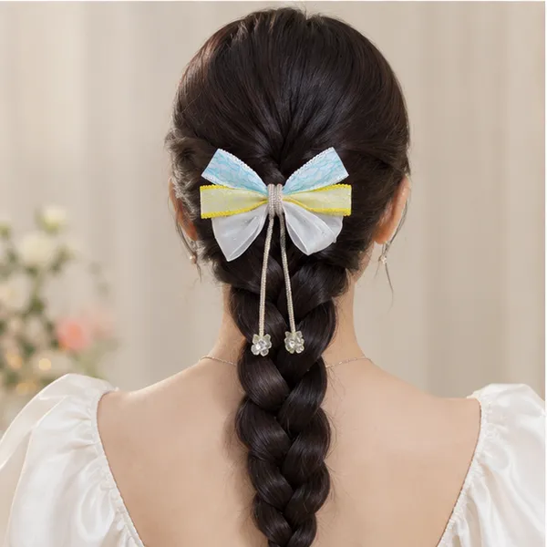 Multicolor_Lace_Fabric_Ribbon_Rhinestones_Tassel_Pendants_Hair_Bow_Clip_For_Women