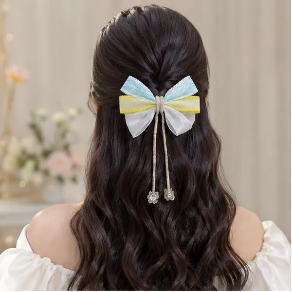 Multicolor_Lace_Fabric_Ribbon_Rhinestones_Tassel_Pendants_Hair_Bow_Clip_For_Women