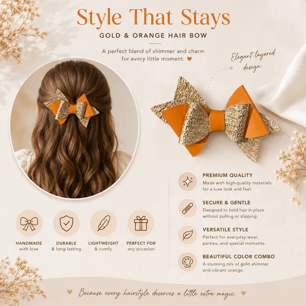 Handmade_Orange_&_Gold_Layered_Hair_Bow_Clip_for_Girls