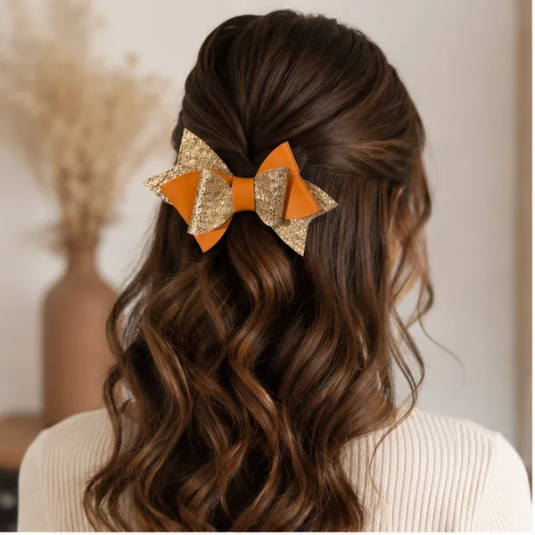 Handmade_Orange_&_Gold_Layered_Hair_Bow_Clip_for_Girls