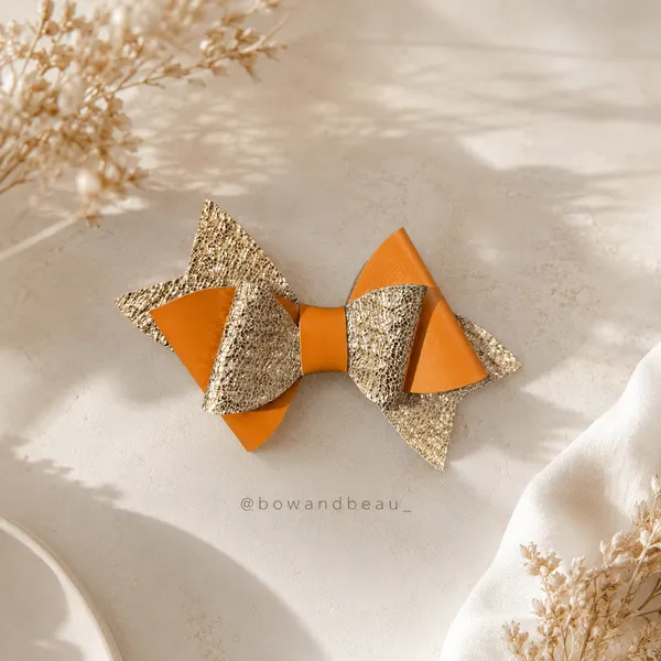 Handmade_Orange_&_Gold_Layered_Hair_Bow_Clip_for_Girls