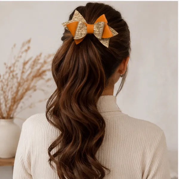 Handmade_Orange_&_Gold_Layered_Hair_Bow_Clip_for_Girls