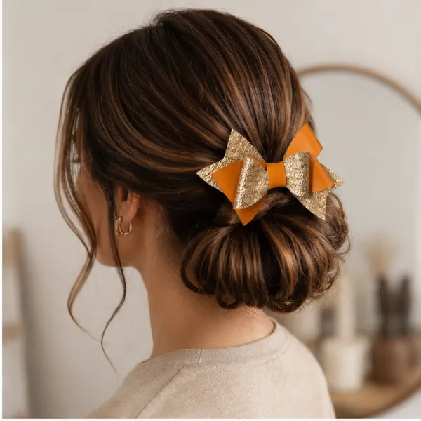 Handmade_Orange_&_Gold_Layered_Hair_Bow_Clip_for_Girls