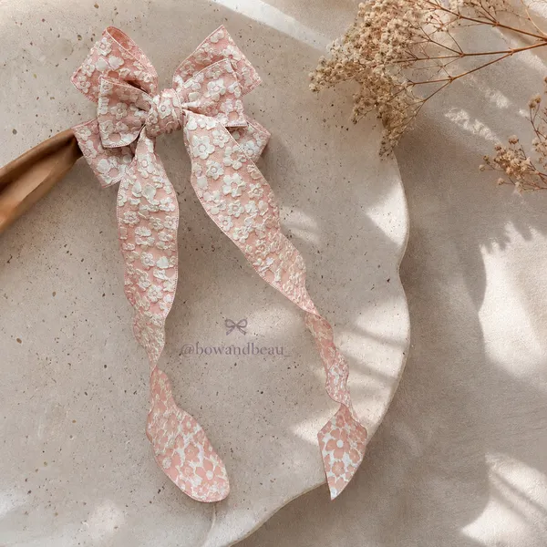 Peach_Lace_Fabric_Ribbon_Barrette_Clip_Hair_Bow_Clip_For_Women