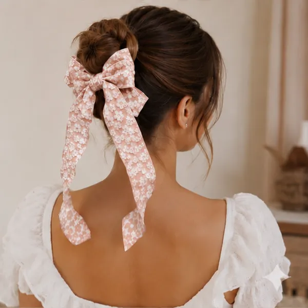 Peach_Lace_Fabric_Ribbon_Barrette_Clip_Hair_Bow_Clip_For_Women