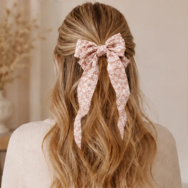 Peach_Lace_Fabric_Ribbon_Barrette_Clip_Hair_Bow_Clip_For_Women