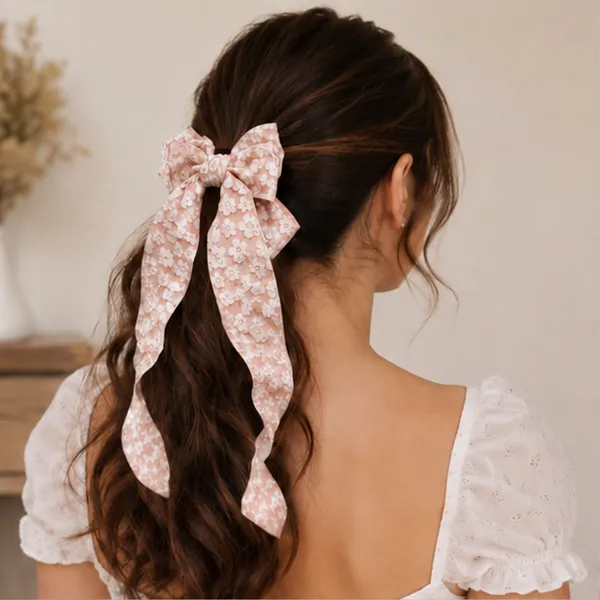 Peach_Lace_Fabric_Ribbon_Barrette_Clip_Hair_Bow_Clip_For_Women