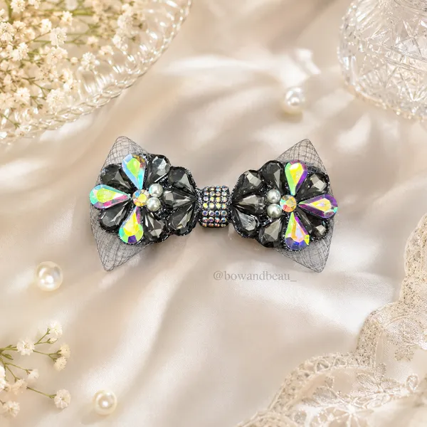Black_Organza_Fabric_Pearls_Metal_Components_Hair_Bow_Clip_For_Women